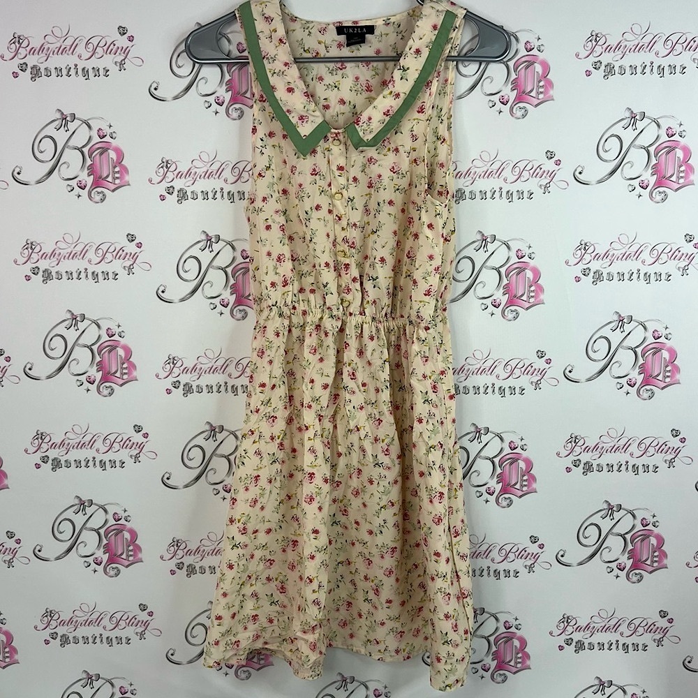 UK2LA dress collar flowers buttons Floral Dress with Pink and Green Accents